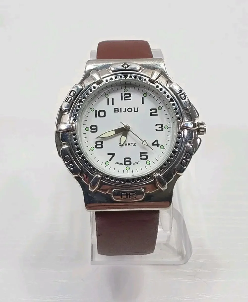 Women's Bijou Watch Luminous Hands Brown Genuine Leather Band New Battery W284